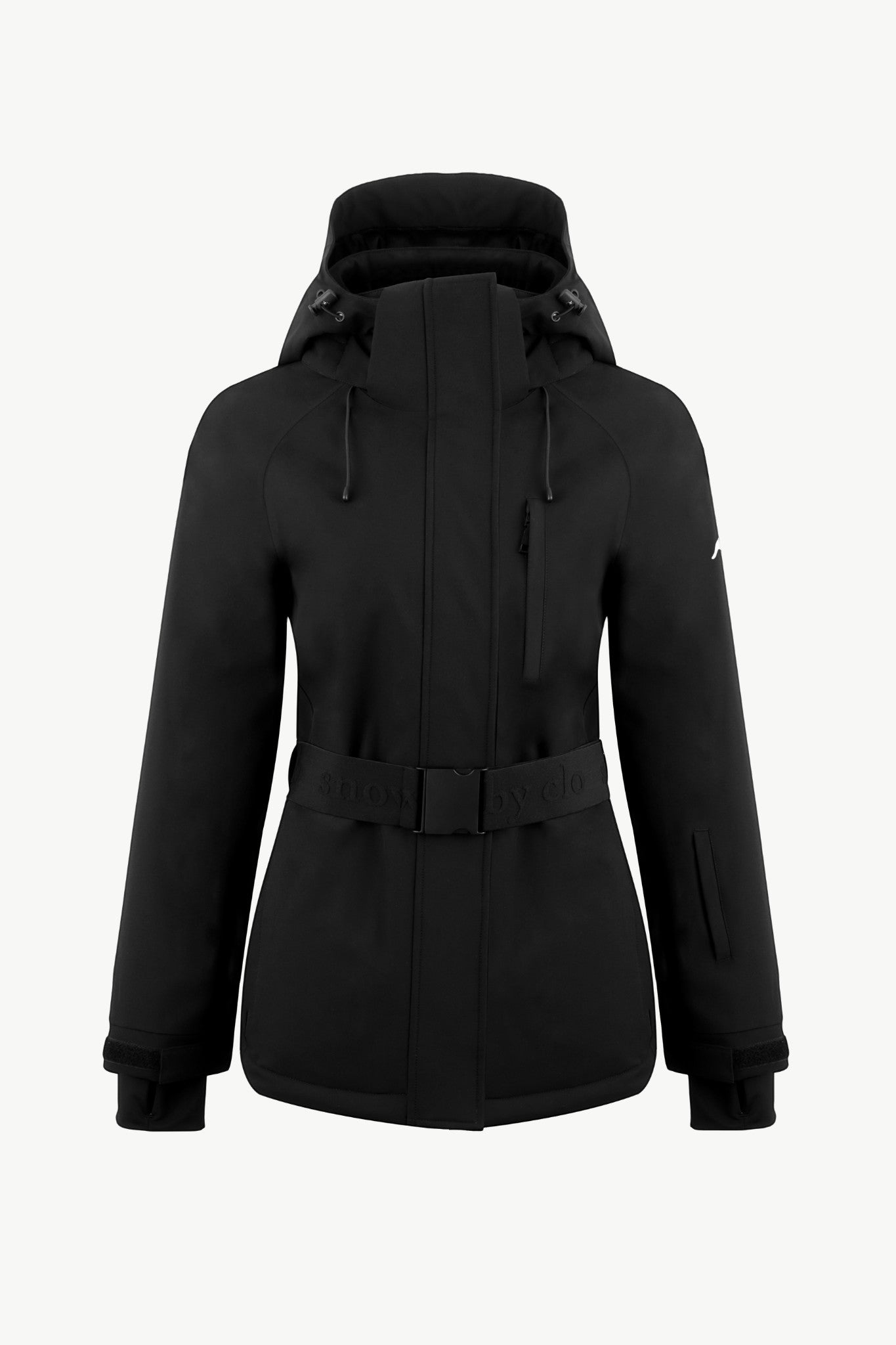 Snow by Clo black waterproof ski jacket for petite women with a removable hood, belted waist, and technical zips.