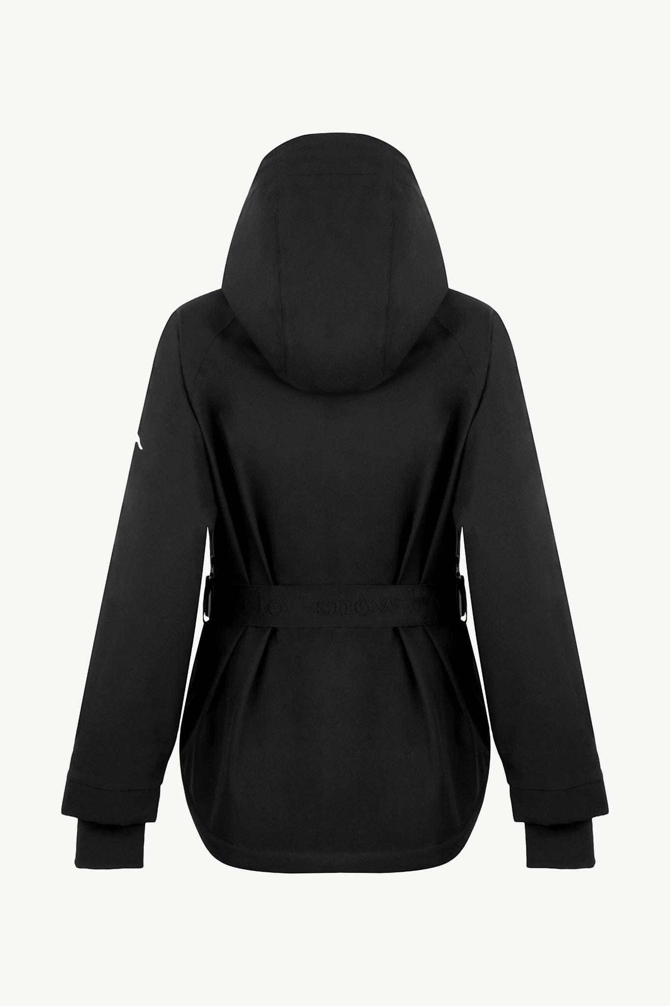 Snow by Clo black waterproof ski jacket for petites with a removable hood and belted waist, back view.