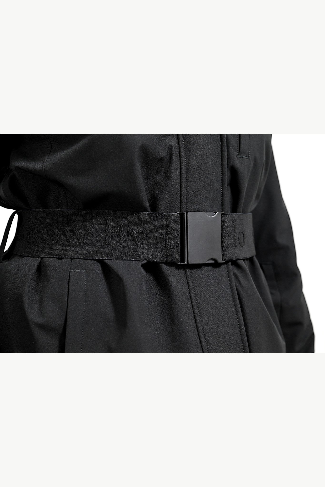 Snow by Clo black technical ski jacket featuring a branded elastic waist belt with a secure buckle closure.